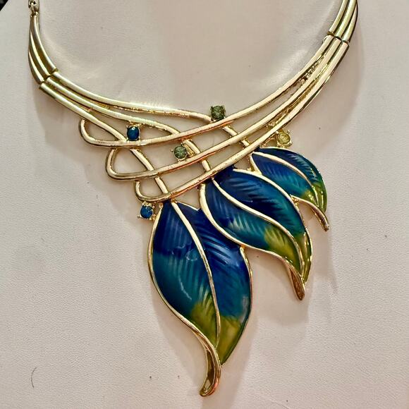 Art Deco Nouveau Style Enamel Gold Tone Statement Necklace - Picture 4 of 8